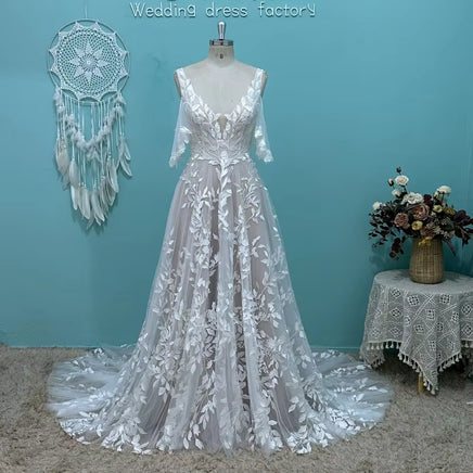 Chic Leaf Lace Beach Boho Wedding Dress 2025 Sexy Open Back Detachable Sleeve a Line Bridal Gowns