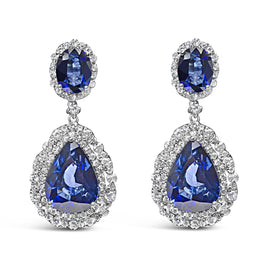 INFINITE JEWELS - Original 18K White Gold Blue Sapphire 2 3/4 Cttw Diamond Halo Drop Dangle Earring (G-H Color, SI1-SI2 Clarity)
