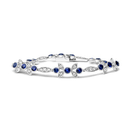 INFINITE JEWELS - Original 18K White Gold 1 3/4 Cttw Diamond and 3x3mm Round Blue Sapphire Gemstone Floral Link Bracelet (G-H Color, SI1-SI2 Clarit