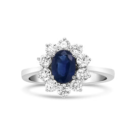 INFINITE JEWELS - Original 18K White Gold 7x5 Mm Oval Cut Blue Sapphire and Round Diamond 3/4 Cttw Sunburst Halo Ring (F-G Color, VS1-VS2 Clarity)