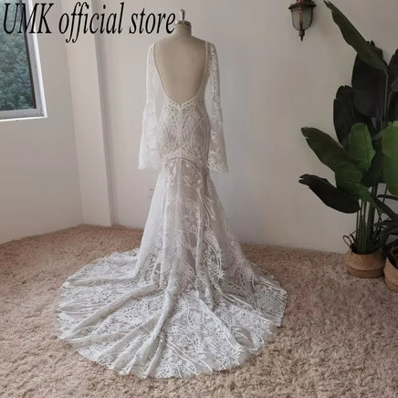 Vintage Boho Mermaid Wedding Dress Chic Lace Flare Sleeve Bridal Gowns Sexy Open Back Vestido De Noiva