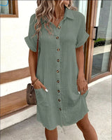 Summer Short Sleeve Solid Color Shirt Dress