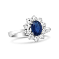 INFINITE JEWELS - Original 18K White Gold 7x5 Mm Oval Cut Blue Sapphire and Round Diamond 3/4 Cttw Sunburst Halo Ring (F-G Color, VS1-VS2 Clarity)