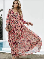 Printed Long Sleeve Dress Women's V-neck Loose