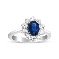 INFINITE JEWELS - Original 18K White Gold 7x5 Mm Oval Cut Blue Sapphire and Round Diamond 3/4 Cttw Sunburst Halo Ring (F-G Color, VS1-VS2 Clarity)