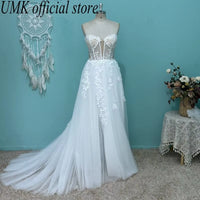 2025 Sexy Illusion Lace Wedding Dress Boho Tulle Deep V Cap Sleeve Front Split Beach Bridal Gowns