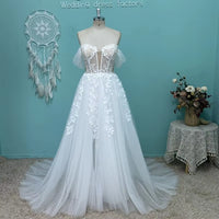 2025 Sexy Illusion Lace Wedding Dress Boho Tulle Deep V Cap Sleeve Front Split Beach Bridal Gowns