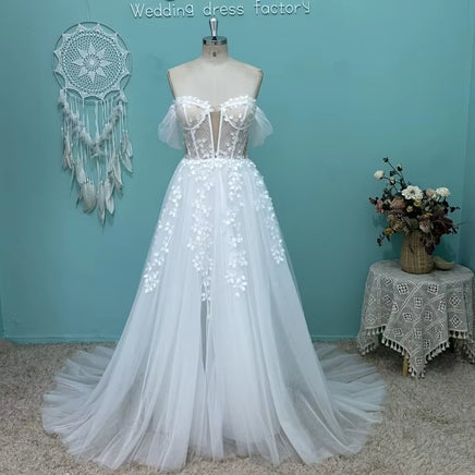 2025 Sexy Illusion Lace Wedding Dress Boho Tulle Deep V Cap Sleeve Front Split Beach Bridal Gowns