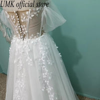 2025 Sexy Illusion Lace Wedding Dress Boho Tulle Deep V Cap Sleeve Front Split Beach Bridal Gowns