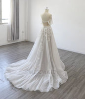 New off Shoulder V Neck Court Train Bridal Gown Lace a Line Wedding Dress