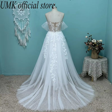 2025 Sexy Illusion Lace Wedding Dress Boho Tulle Deep V Cap Sleeve Front Split Beach Bridal Gowns