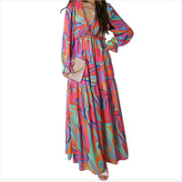 Printed Long Sleeve Dress Women's V-neck Loose