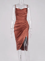 Midi Satin Dress Split Adjustable Strap