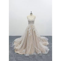 Lace Tulle Appliques Spaghetti Straps Sleeveless Floor -Length A-Line Wedding Dress Chapel Train Custom Made