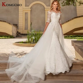 Illusion O-Neck Full Sleeve Mermaid Wedding Dress Luxury Detachable Train Embroidery Appliques Tulle Button Back Bridal Gown