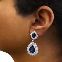 INFINITE JEWELS - Original 18K White Gold 25.0 Cttw Blue Sapphire and Diamond 4 5/8 Cttw Diamond Halo Dangle Earring (G-H Color, SI1-SI2 Clarity)