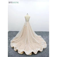 Lace Tulle Appliques Spaghetti Straps Sleeveless Floor -Length A-Line Wedding Dress Chapel Train Custom Made