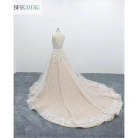 Lace Tulle Appliques Spaghetti Straps Sleeveless Floor -Length A-Line Wedding Dress Chapel Train Custom Made