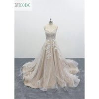 Lace Tulle Appliques Spaghetti Straps Sleeveless Floor -Length A-Line Wedding Dress Chapel Train Custom Made