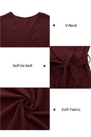 Newshows Womens 2024 Fall Sweater Dress Long Sleeve Business Casual Outfits V Neck Ribbed Knit Belt Trendy with Pockets Wine Red Large