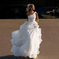 One Shoulder Boho Wedding Dresses Organza Strap White Wedding Party Gowns for Women A-Line Beach Vestidos Longos