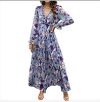 Printed Long Sleeve Dress Women's V-neck Loose