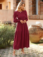 PRETTYGARDEN Women 2024 Puff Long Sleeve Crewneck Smocked Maxi Dress Solid Empire Waist Tiered A-line Swing Flowy Long Dress Medium Wine Red