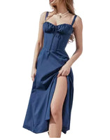 Elegant Midi Dress for Women – Sleeveless Corset Bandeau with Lace-Up and Side Split Hem