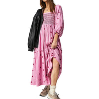 Women Floral Embroidered Maxi Dress Long Puff Sleeve Square Neck Bohemian Flowy Dress with Pockets Smocked Fall Dress Large Pink