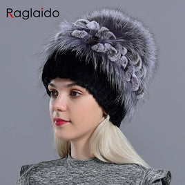 RAGLAIDO - Original Women's Natural Mink Fur Hat Fox Pompom Rabbit Flowers