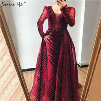 SERENE HILL - Original Velvet  Muslin  Wine Red Evening Dresses Long Sleeves Luxury Design Beading  Formal Dress 2024 Serene Hi