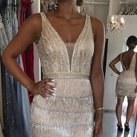 SERENE HILL - Original 2024 Champagne V-Neck Sexy Short Dresses Beading Tassel Party Cocktail Gowns Serene HiLL LA70124