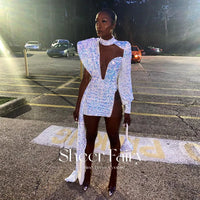 SHEER FAIRY STORE - Original Sparkly Sequin White Short African Prom Dresses With Side Skirt Ruffles High Neck Black Girls Cocktail Graduation Party Gown RM005