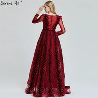 SERENE HILL - Original Velvet  Muslin  Wine Red Evening Dresses Long Sleeves Luxury Design Beading  Formal Dress 2024 Serene Hi