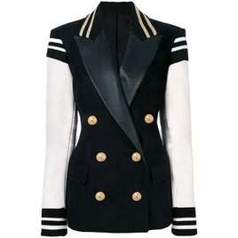 O'DRESSY - ORIGINAL HIGH QUALITY Newest Fashion 2024 Designer Blazer Women's Leather Patchwork Double Breasted Blazer Classic Varsity Jacket