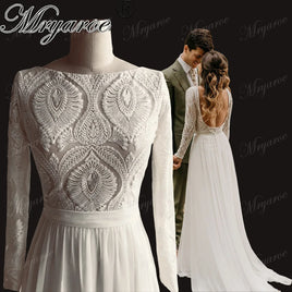 MRYARCE - Original Special Offer !!! Unique Lace Long Sleeves Open Back Simple Elegant Wedding Dress Chiffon Detachable Train  Bridal Gowns