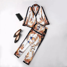 HARLEYFASHION - Original High Quality Designing Women Vintage Pants Suits Single Button Blazer Slim Trousers Runway Printing Two Pieces Sets Outfits