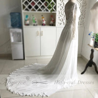 MRYARCE - Original Special Offer !!! Unique Lace Long Sleeves Open Back Simple Elegant Wedding Dress Chiffon Detachable Train  Bridal Gowns