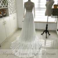 MRYARCE - Original Special Offer !!! Unique Lace Long Sleeves Open Back Simple Elegant Wedding Dress Chiffon Detachable Train  Bridal Gowns