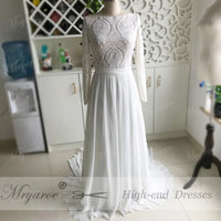 MRYARCE - Original Special Offer !!! Unique Lace Long Sleeves Open Back Simple Elegant Wedding Dress Chiffon Detachable Train  Bridal Gowns