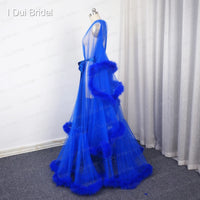 I DUI BRIDAL - Royal Blue Feather Bridal Robe Muslim Long Sleeve Masquerade Dance Dress Homecoming