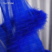 I DUI BRIDAL - Royal Blue Feather Bridal Robe Muslim Long Sleeve Masquerade Dance Dress Homecoming