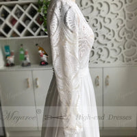 MRYARCE - Original Special Offer !!! Unique Lace Long Sleeves Open Back Simple Elegant Wedding Dress Chiffon Detachable Train  Bridal Gowns