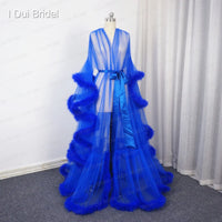 I DUI BRIDAL - Royal Blue Feather Bridal Robe Muslim Long Sleeve Masquerade Dance Dress Homecoming