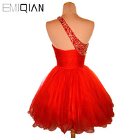 EMIQIAN - Original Classical Short Beaded Prom Dresses,Short Party Dress,Puffy Skirt One-Shoulder Red Tulle Cocktail Dresses
