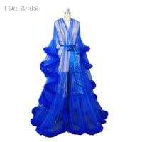 I DUI BRIDAL - Royal Blue Feather Bridal Robe Muslim Long Sleeve Masquerade Dance Dress Homecoming