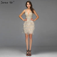 SERENE HILL - Original 2024 Champagne V-Neck Sexy Short Dresses Beading Tassel Party Cocktail Gowns Serene HiLL LA70124