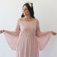 BLUSHFASHION - Original Curvy  Off-Shoulder  Long Bell Sleeve Lace Dress   #1201