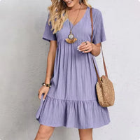 Solid Color V-Neck Midi Dress