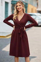 Newshows Womens 2024 Fall Sweater Dress Long Sleeve Business Casual Outfits V Neck Ribbed Knit Belt Trendy with Pockets Wine Red Large